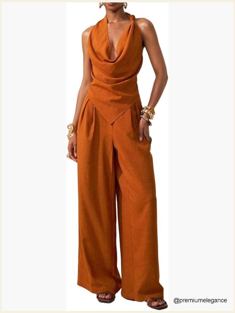 2 Piece Outfit Ruffle Backless Halter Top Wide Leg Pants Set